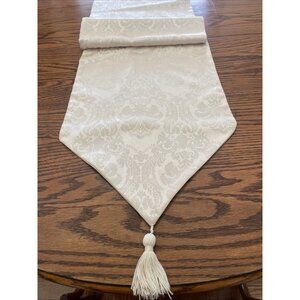 Vtg Ivory Floral Table Runner w/ Tassels 88"x13.5" Elegant Design Table Decor